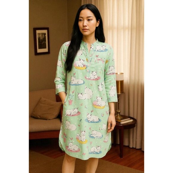 Nick & Nora Mint Green Long Sleeve Nightshirt With Cat Print & Mandarin Collar - Picture 10 of 12